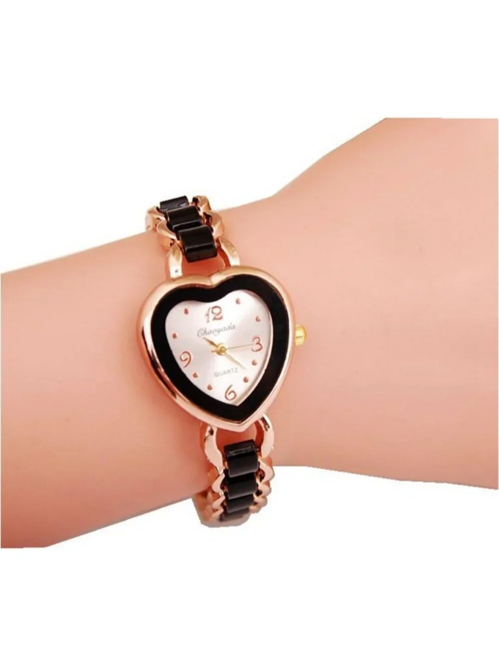 Women's Black Rose Gold  Heart Shaped Case Bracelet Casual Quartz Wrist Watch